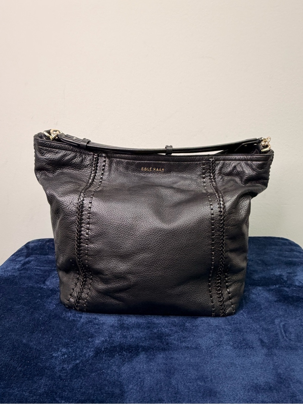 Cole Haan Black Leather Braided-Trim Shoulder Bag